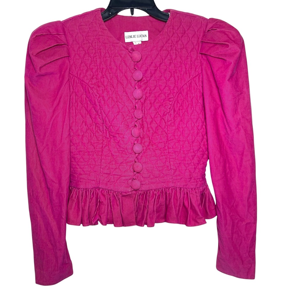 Leslie Lucks Womens Vintage Pink Quilted Corduroy Puff Sleeve Peplum Jacket‎ S